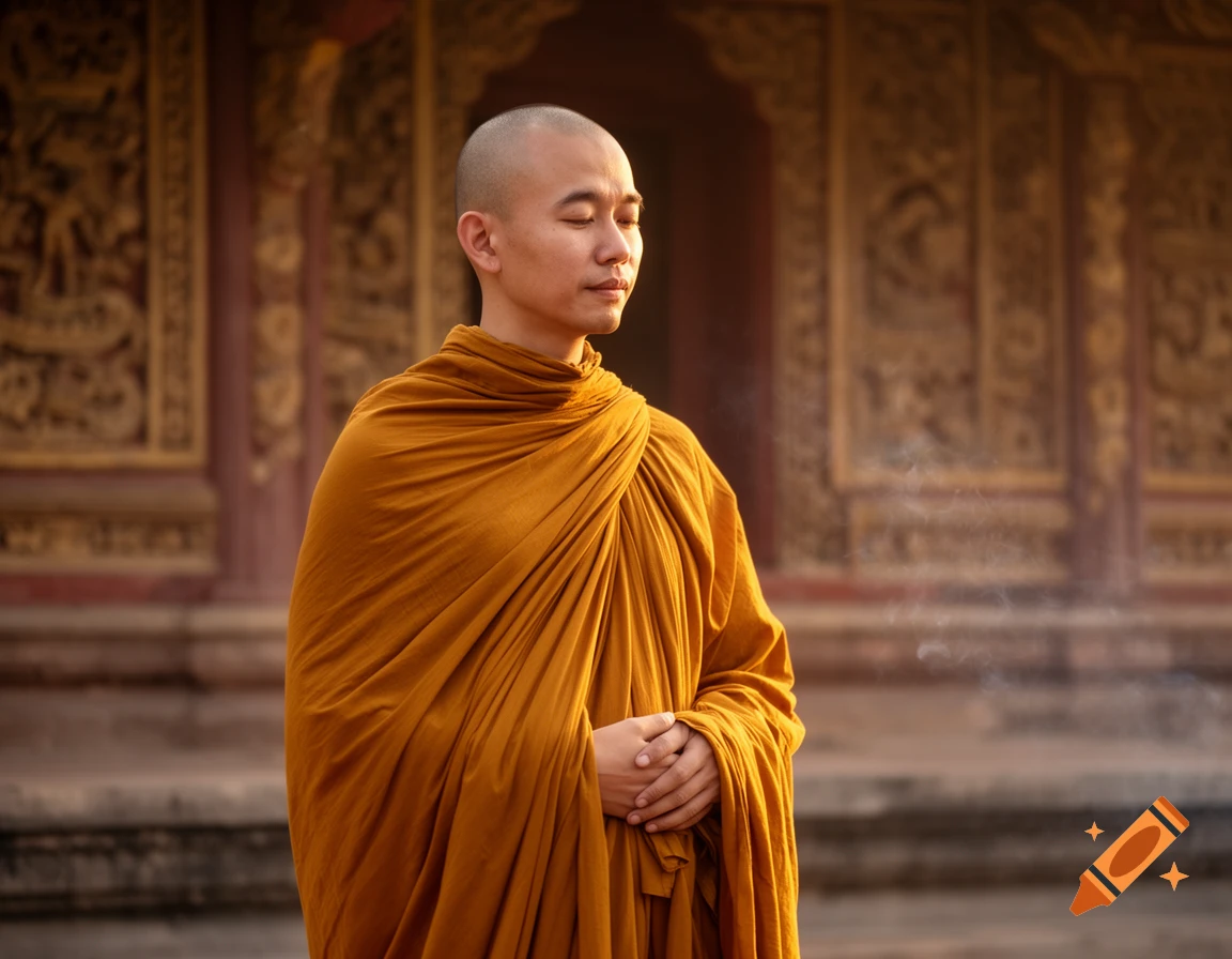 A bald man dressed in orange monk robes meditates with closed eyes in front of an ornate temple wall.