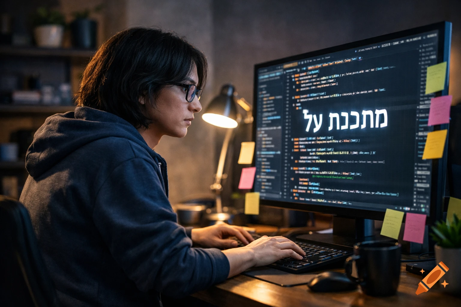A young person with glasses and a hoodie types on a keyboard, viewing a computer screen with code and Hebrew text.