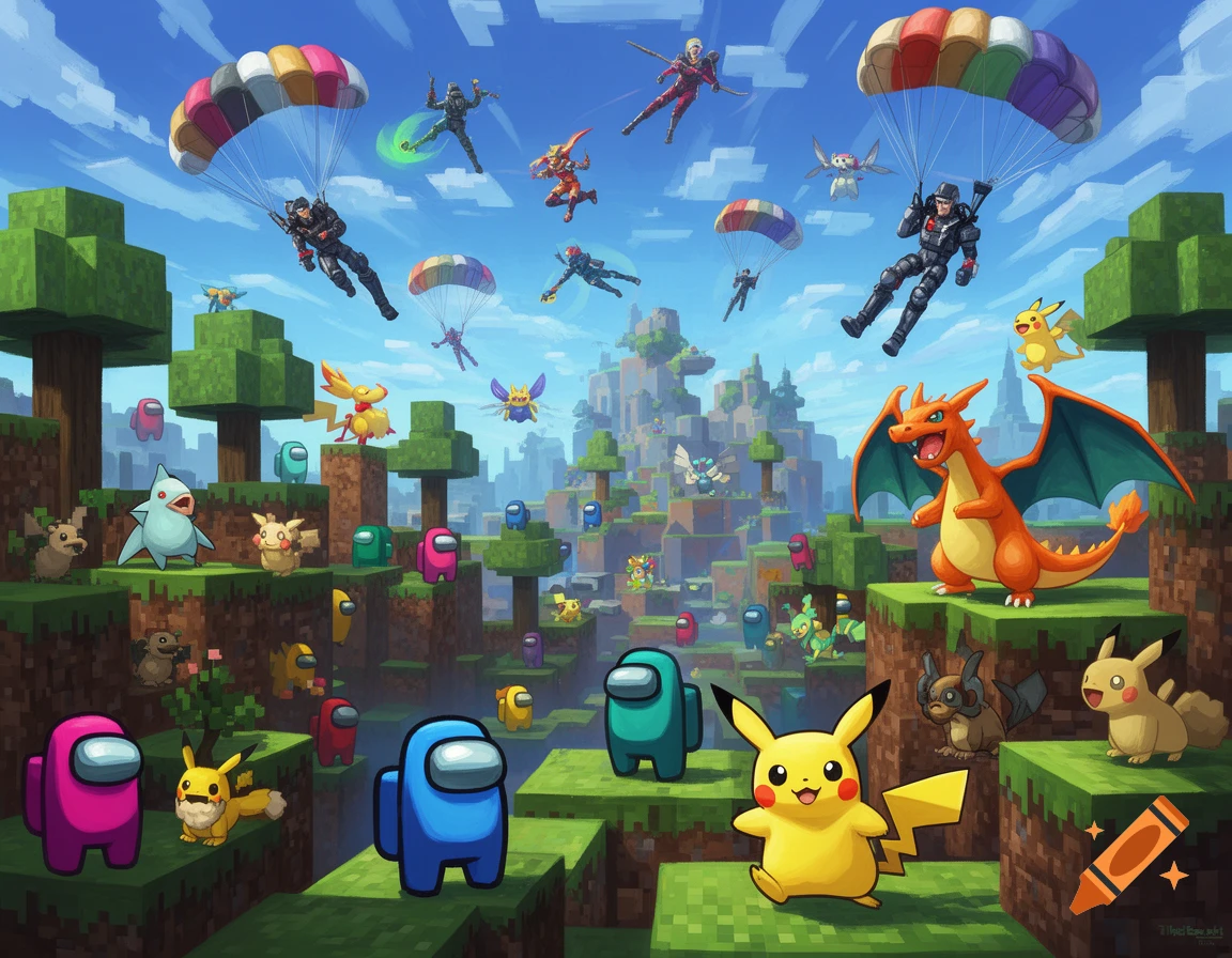 Pikachu, Charizard, Among Us crewmates, and Fortnite-like characters in a vibrant Minecraft landscape with parachuters descending.