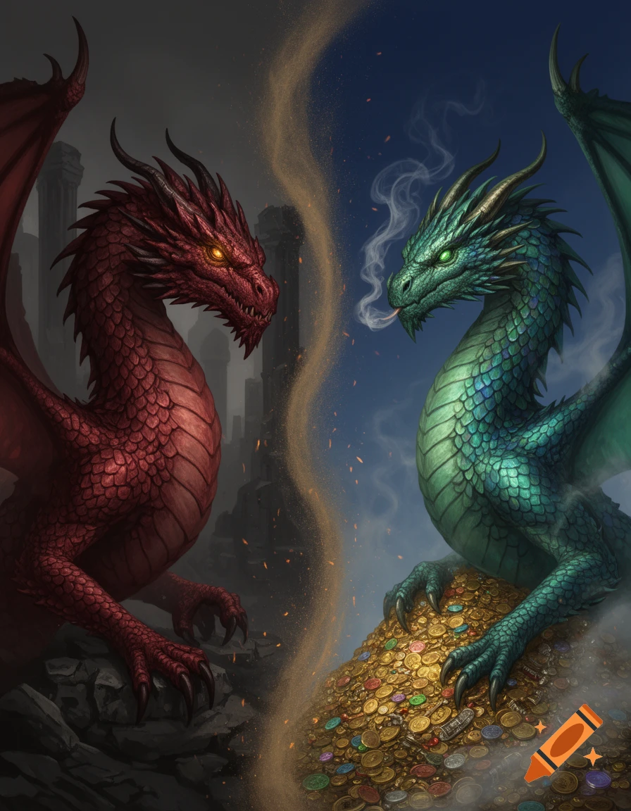 An epic fantasy illustration showing a red dragon in ruins facing a ...