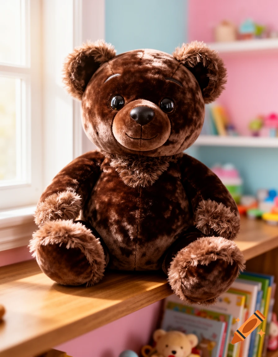 Fluffy brown teddy bear sits on a wooden window sill, bright light from a window, colorful shelves in background.