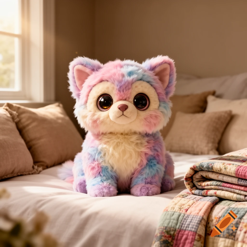 A cute, fluffy, pastel-colored cat-like plush toy with big eyes sits on a bed with a quilt.