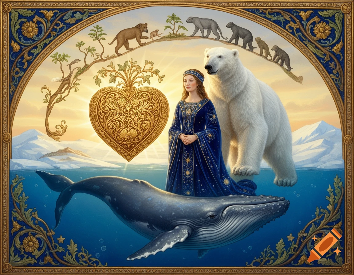 A medieval-style artwork features a woman in a blue gown, a polar bear, a whale, a golden heart, and an animal evolution sequence, bordered by ornate patterns.