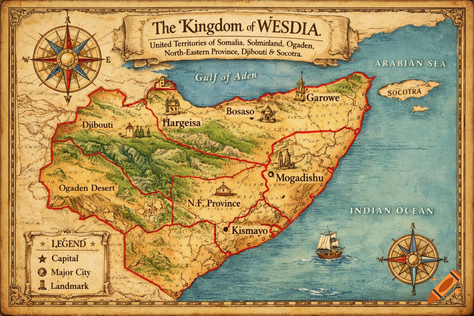 A vintage-style fantasy map of 'The Kingdom of Wesdia,' unifying territories in the Horn of Africa, with cities, deserts, and seas labeled.