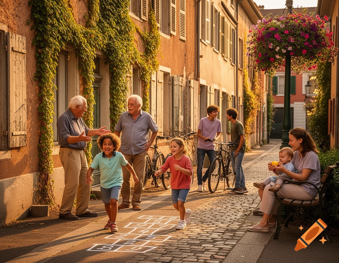 A multi-generational group plays and relaxes on a sunlit cobblestone street lined with vine-covered buildings. Children play hopscotch while adults watch and chat.
