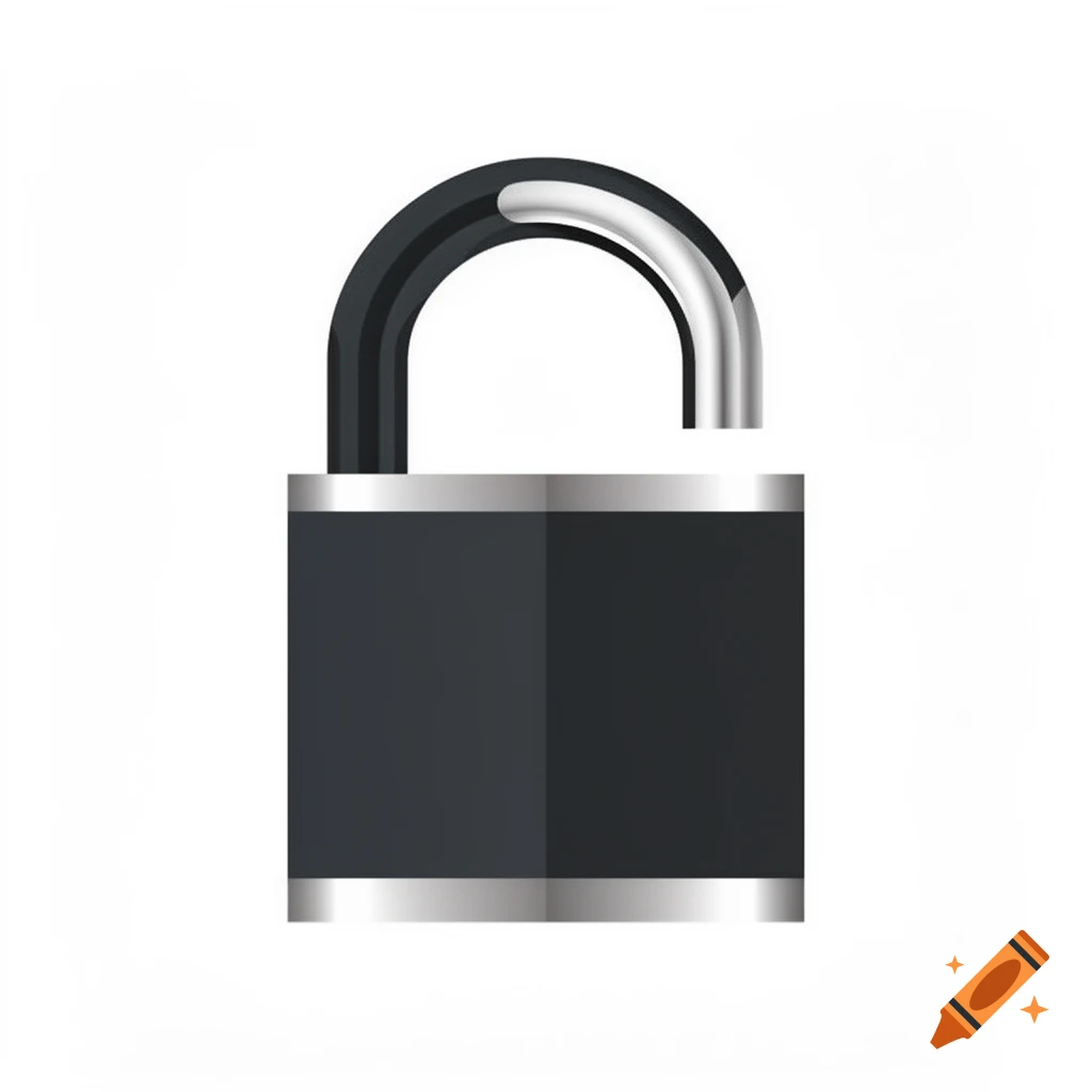 A black and silver padlock is depicted in an open position against a white background.