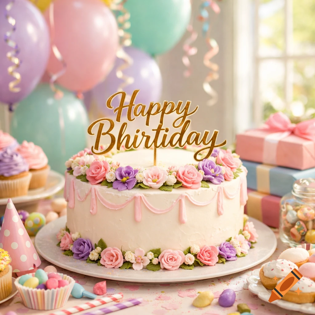 A beautifully decorated birthday cake with a "Happy Bhırtıday" topper, surrounded by balloons, cupcakes, and gifts.