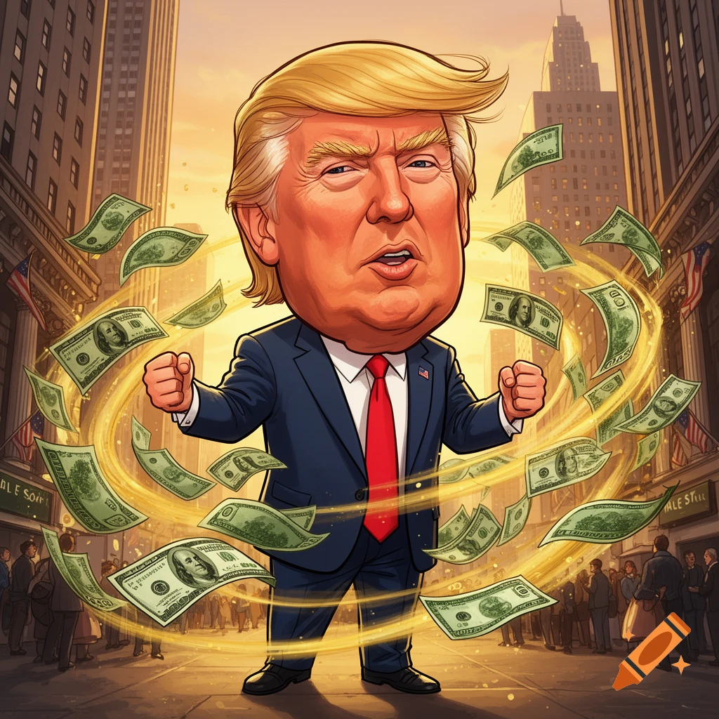 A cartoon caricature of Donald Trump with a large head and a suit, standing in a city street surrounded by a swirling vortex of one hundred dollar bills, in a bright, stylized illustration.