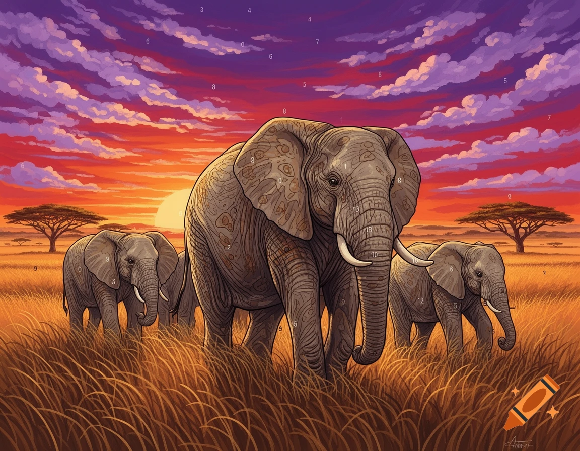 Three elephants in a savanna at sunset, rendered in a colorful paint-by-numbers style with visible numbers.