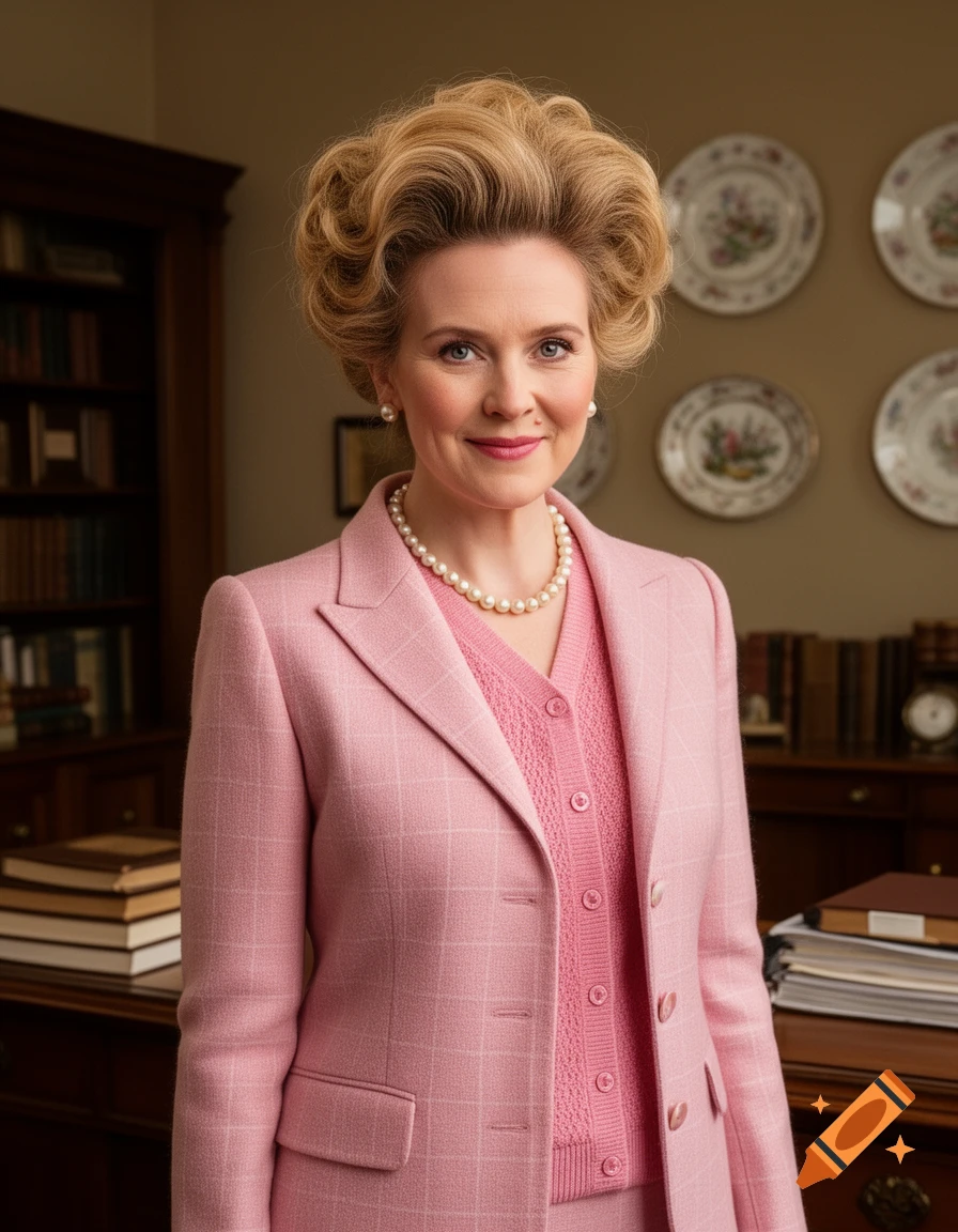 Photorealistic portrait of a woman resembling Dolores Umbridge, in a pink suit and pearl necklace, smiling in a formal room with bookshelves and decorative plates.