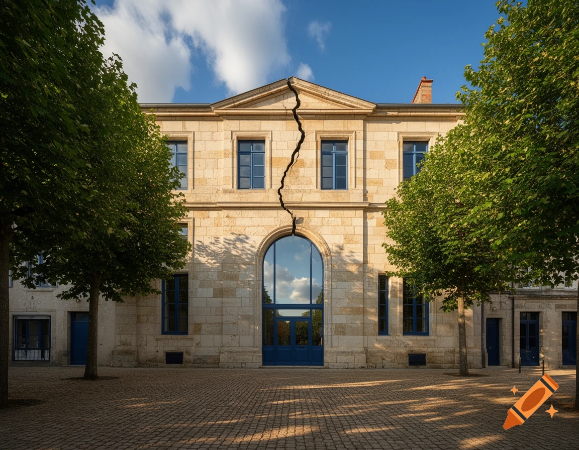 A photorealistic image of a stone building with blue windows and a large vertical crack down its center, flanked by green trees.