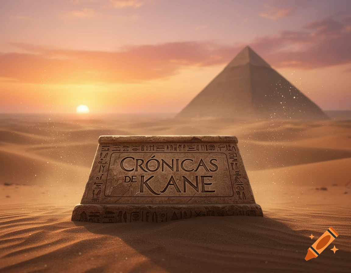 A stone monument inscribed with 'CRÓNICAS DE KANE' in a desert at sunset, with a pyramid in the background. Photorealistic style.