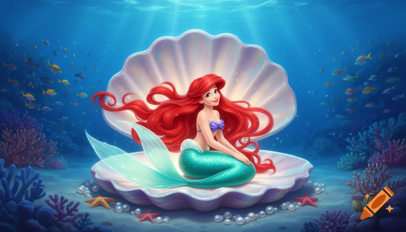 Vibrant cartoon of Ariel, the Little Mermaid, with red hair and green tail, sitting in an open clamshell underwater among coral and fish.