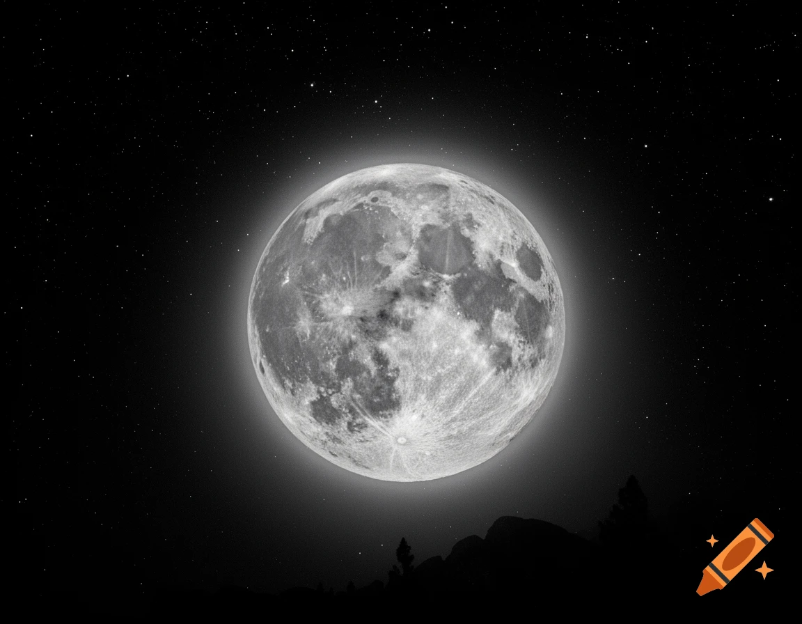 A detailed, glowing full moon shines brightly in a star-filled dark night sky above silhouetted mountains.