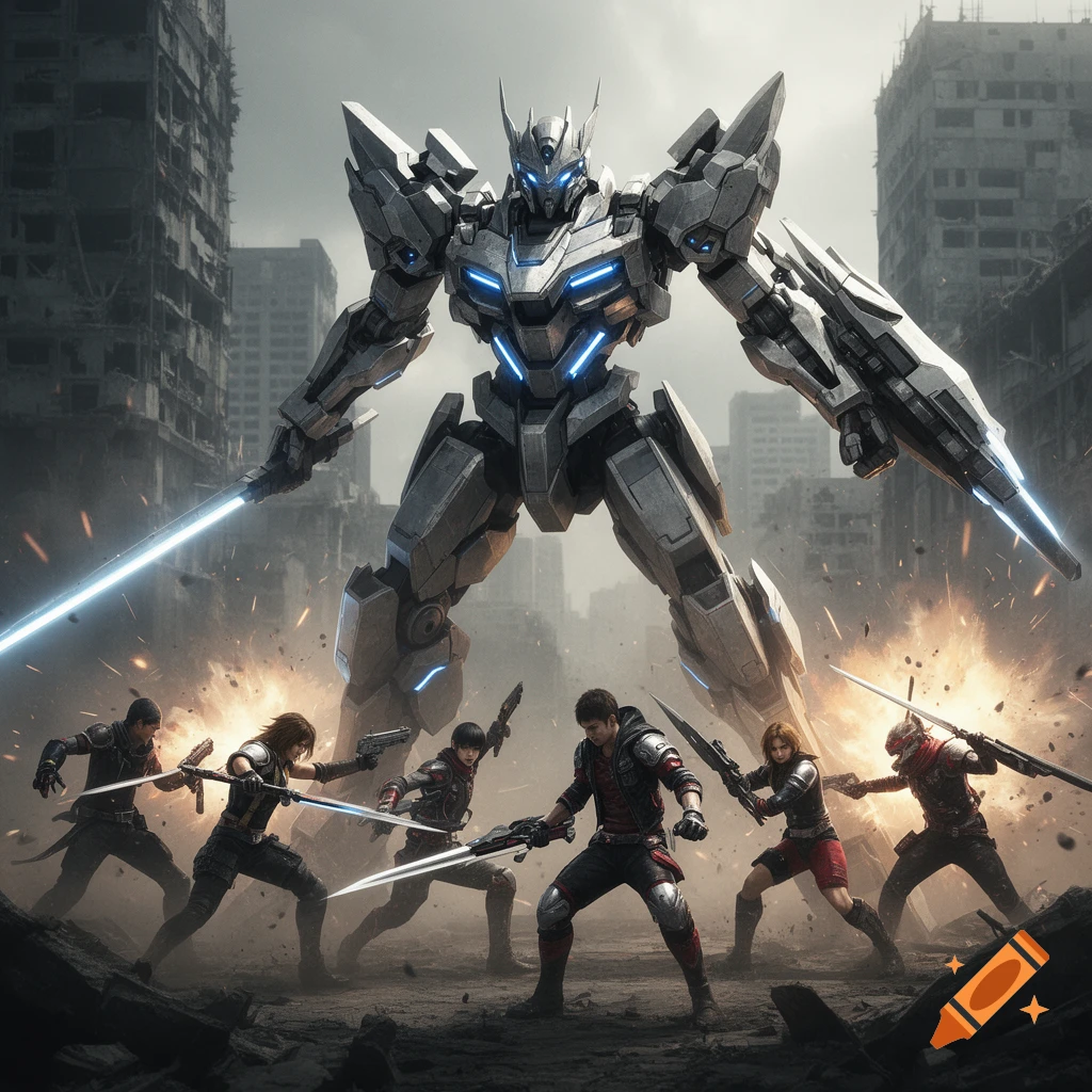 A giant white and gray mecha robot with glowing blue accents stands with energy swords, flanked by human warriors in a ruined city.
