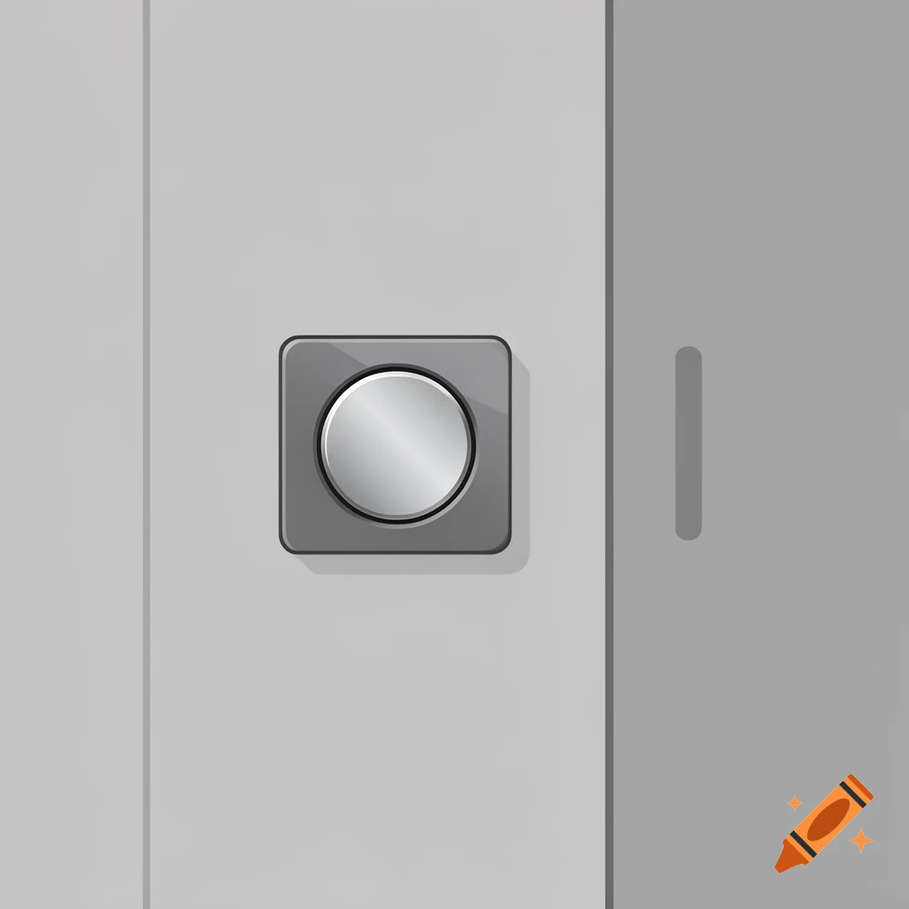 A minimalist graphic illustration of a round, metallic gray button on a light gray wall.