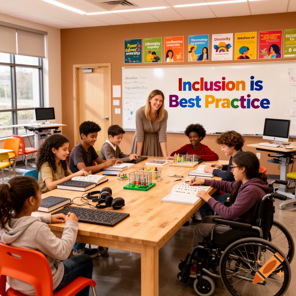 A smiling teacher stands at a table with diverse students, including one in a wheelchair, in a bright classroom. "Inclusion is Best Practice" is written on a whiteboard behind them.