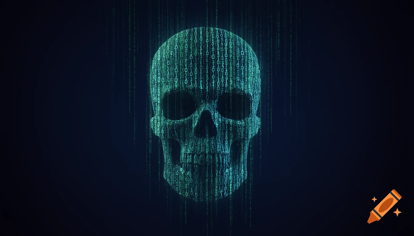 A skull composed of glowing green binary code in a Matrix-style, against a dark blue background.