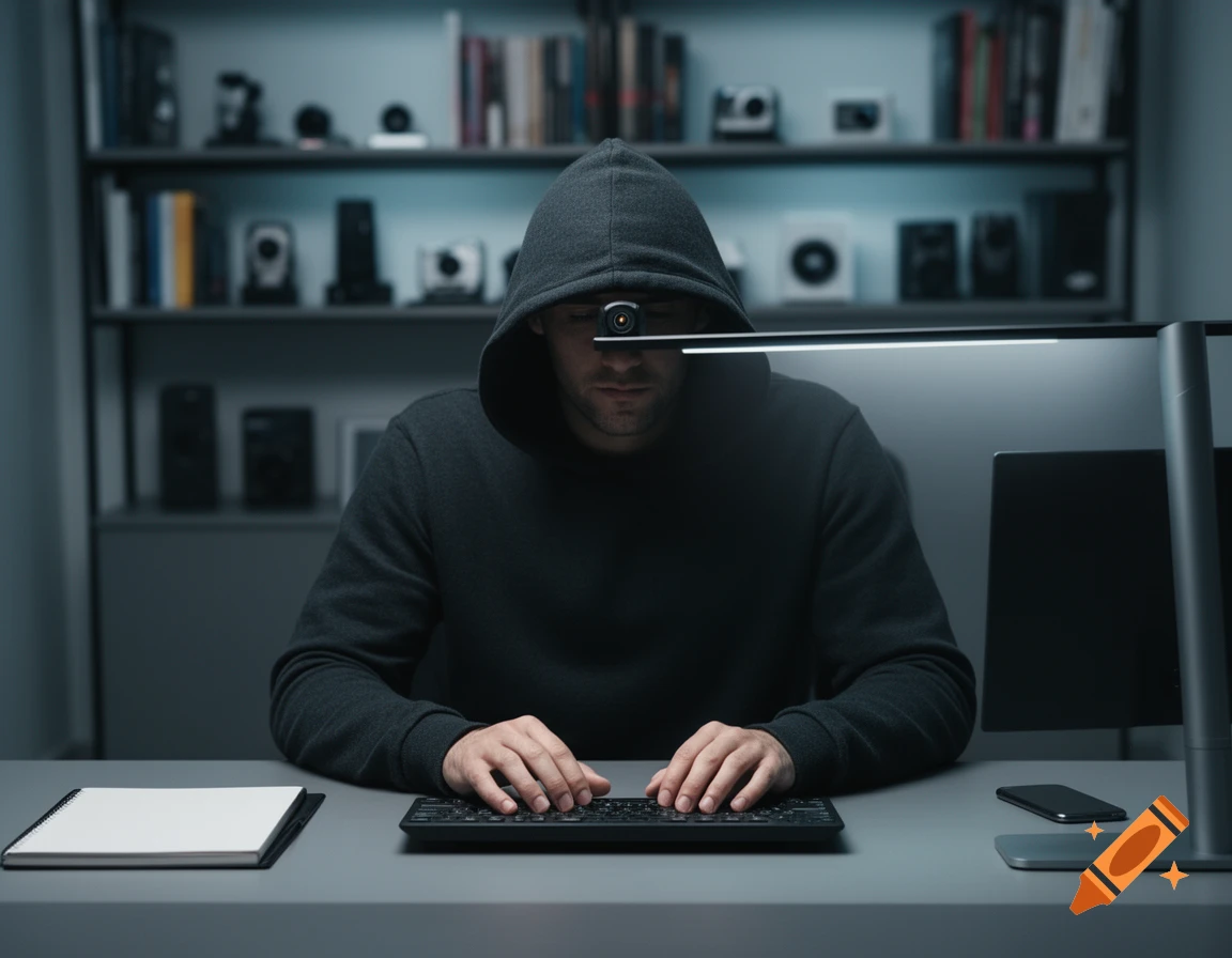 A man in a dark hoodie sits at a desk, typing on a keyboard, with his face obscured by the hood and a camera on his forehead.
