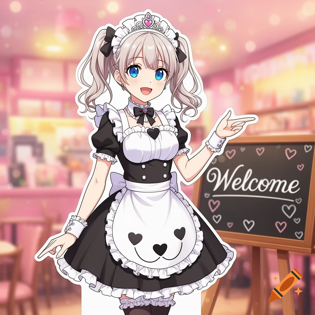 Smiling anime girl in a maid uniform, styled as a cardboard cutout, points to a 'Welcome' sign in a pink cafe.