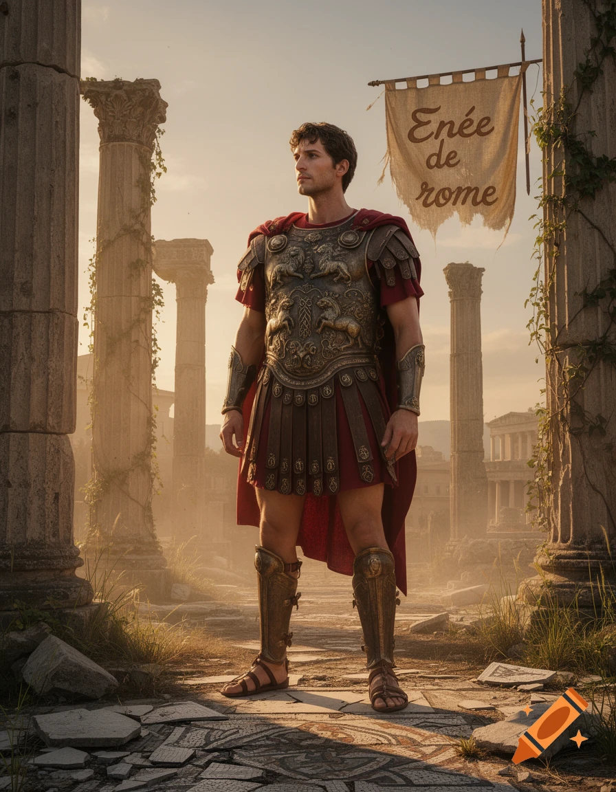 Photorealistic image of a Roman soldier in detailed armor and red cape standing amidst ancient ruins, looking into the distance. A banner reads 'En e de rome'.