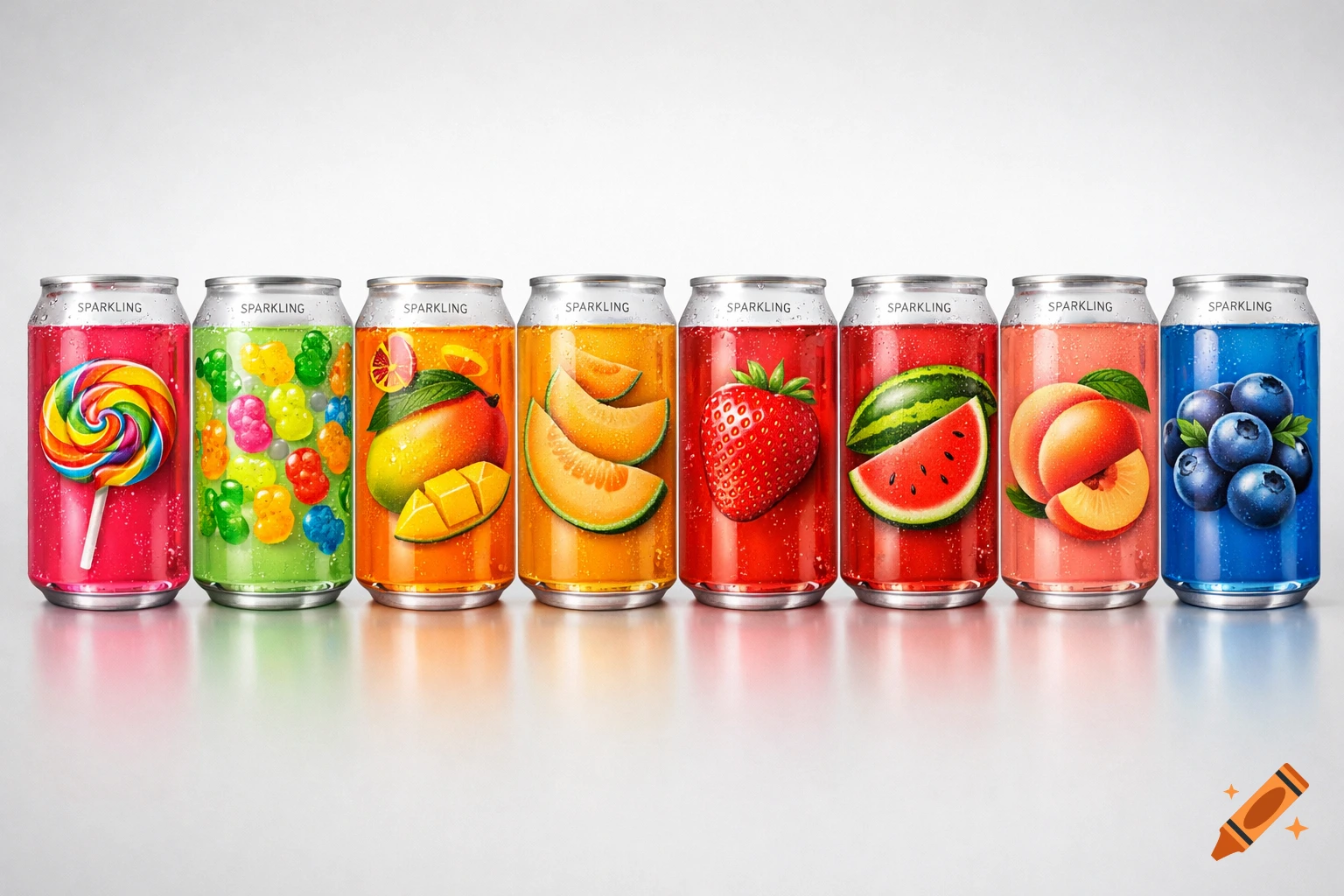Eight vibrant sparkling drink cans with fruit and candy flavors like lollipop, gummy bears, mango, melon, strawberry, watermelon, peach, and blueberry.