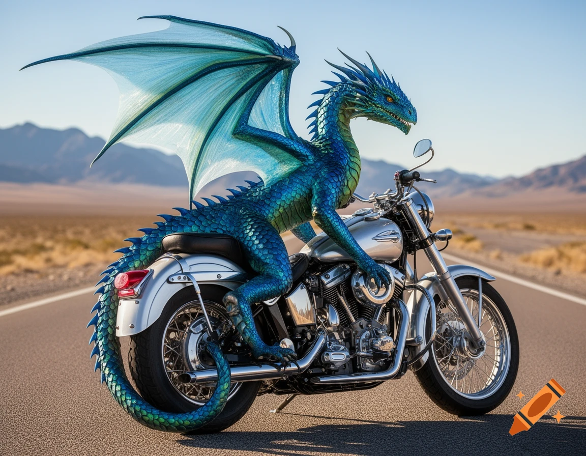 A majestic blue-green dragon with large wings sits astride a silver motorcycle on a desert road under a clear sky.