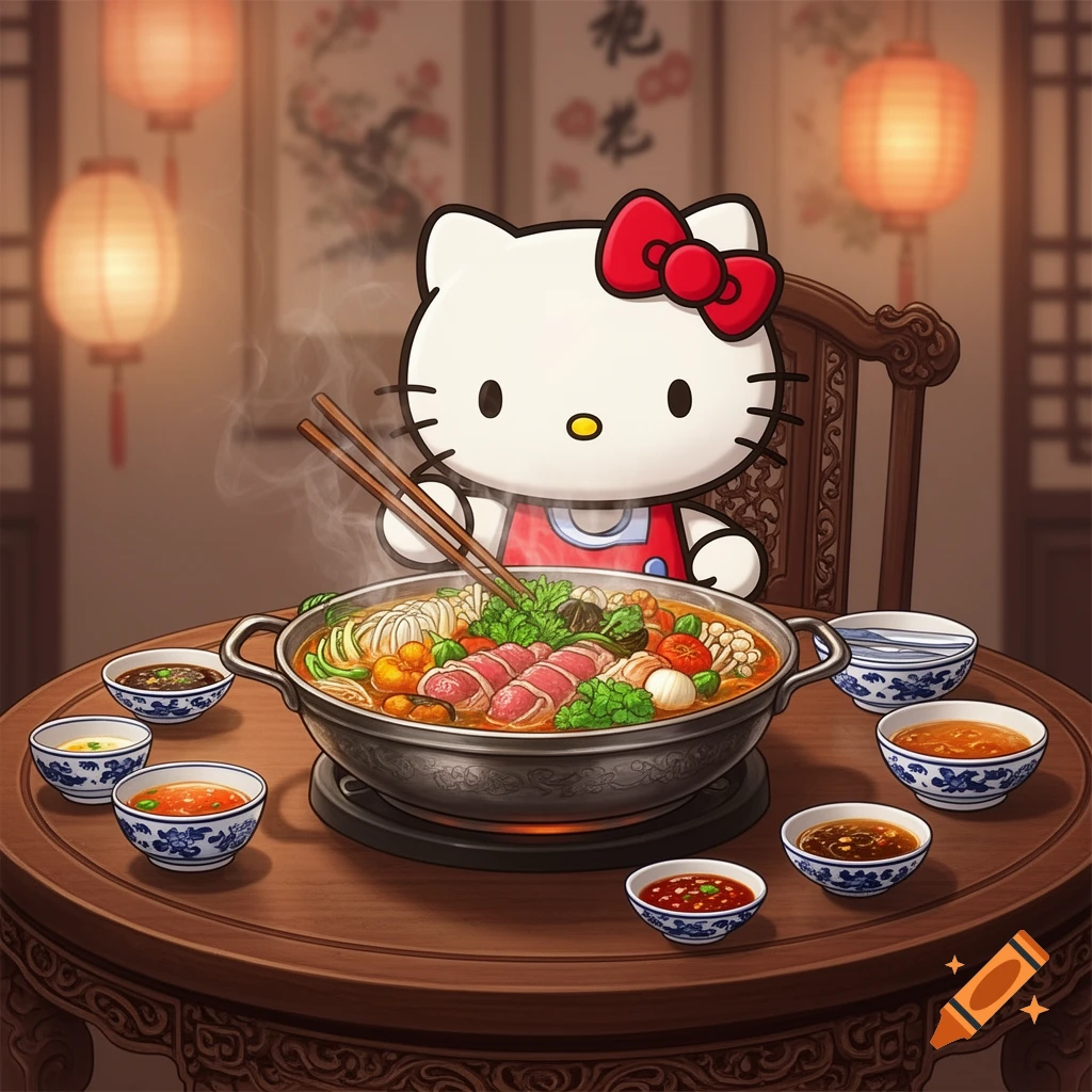 Cartoon Hello Kitty in a red apron eats a steaming hot pot with chopsticks, surrounded by dipping bowls in a traditional Chinese setting with lanterns.
