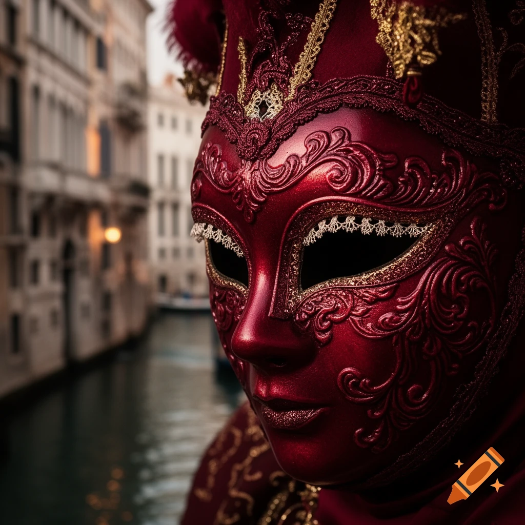 Close-up of an ornate, deep red Venetian mask with gold accents, set against a blurred background of a canal and buildings in Venice.