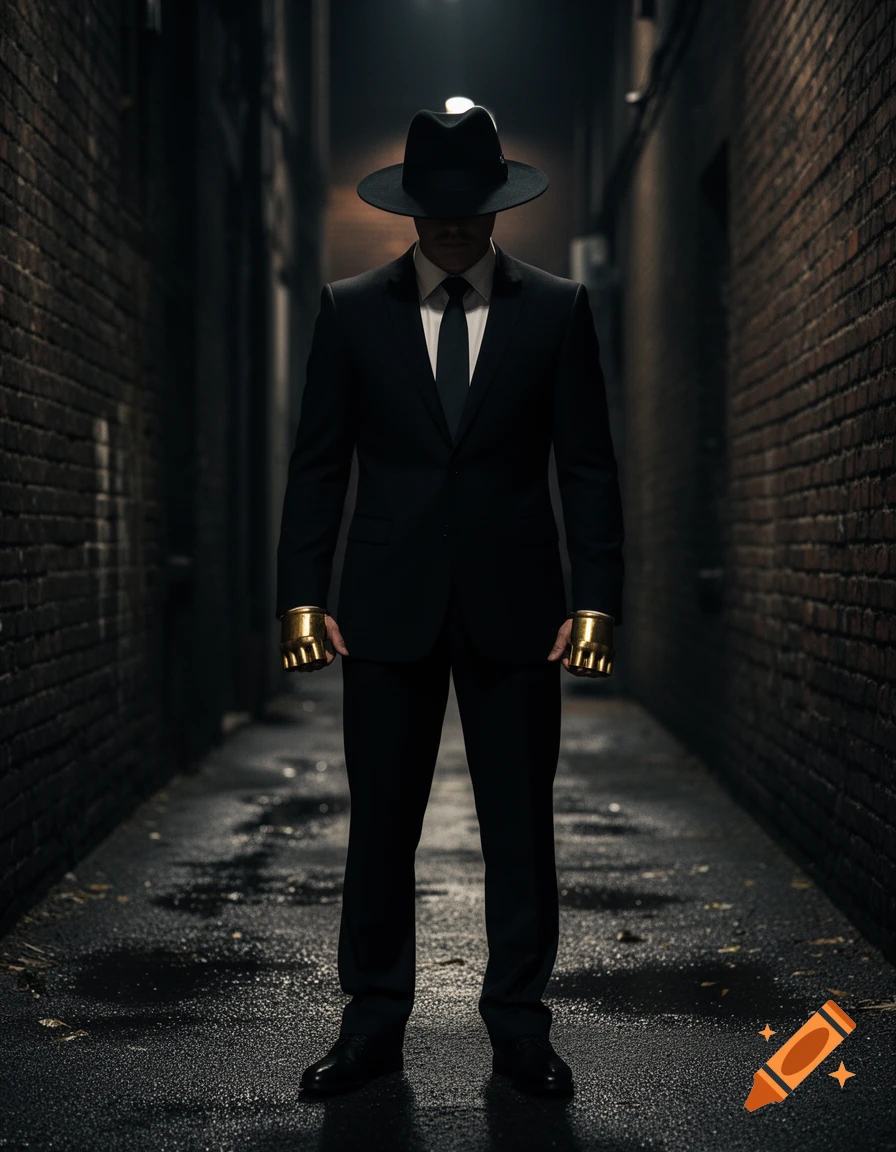 A man in a dark suit and fedora with golden brass knuckles stands in a dimly lit, wet alley.