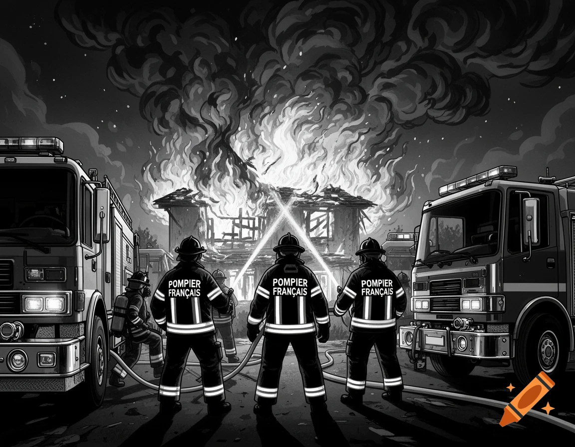 Black and white illustration of French firefighters with fire trucks battling a burning house at night.