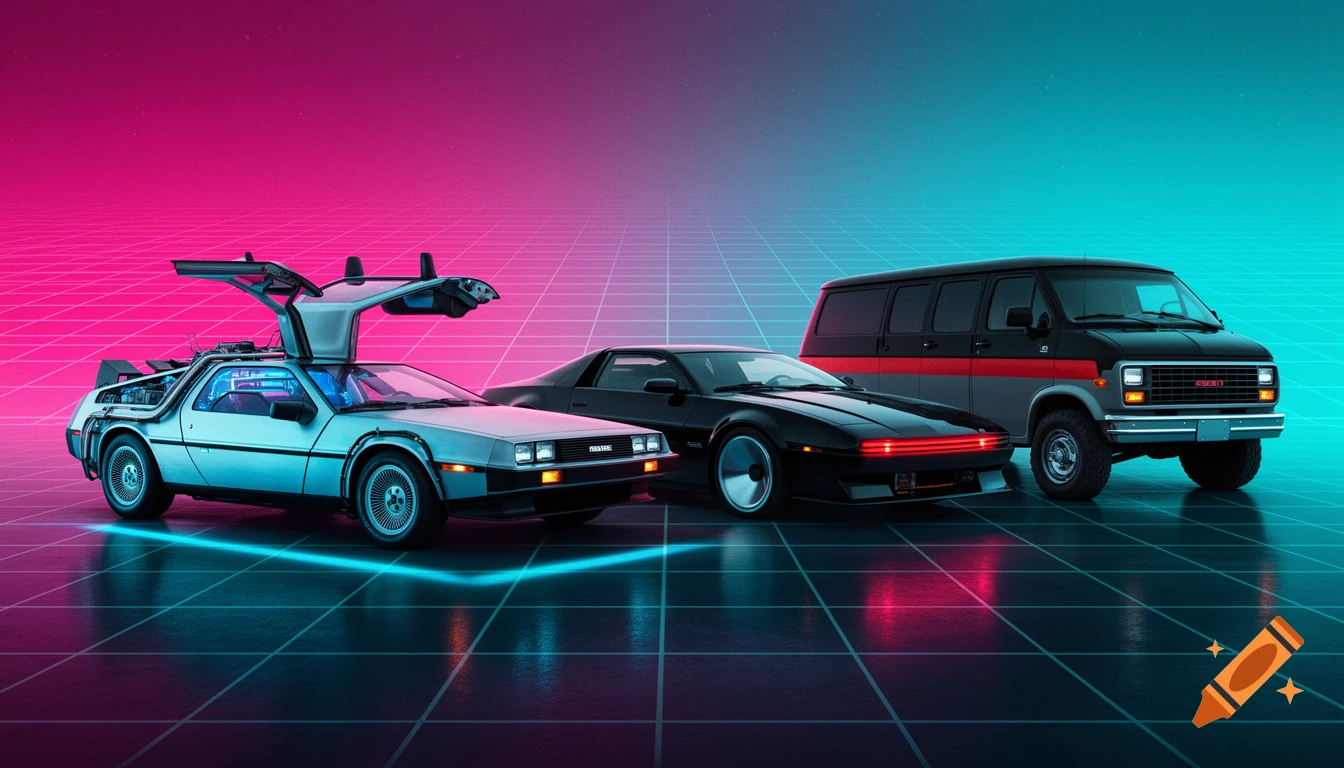 Three iconic 80s movie cars, a DeLorean, KITT, and A-Team van, on a glowing grid against a pink and blue synthwave background.