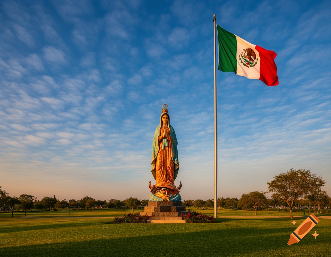 A large, golden statue of Our Lady of Guadalupe stands next to a flagpole flying the Mexican flag in a sunny, grassy park.
