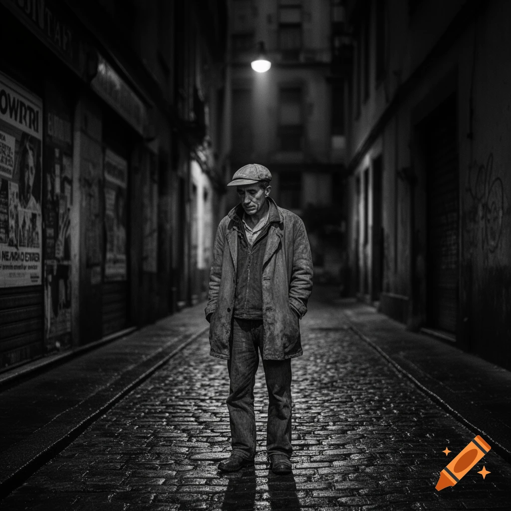 A man in a worn coat and cap stands alone in a dark, wet cobblestone alley under a single lamp in a black and white photo.
