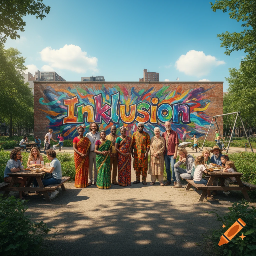 A diverse group of people stands in a sunny park in front of a colorful mural that reads 'Inklusion'. Others picnic and children play.