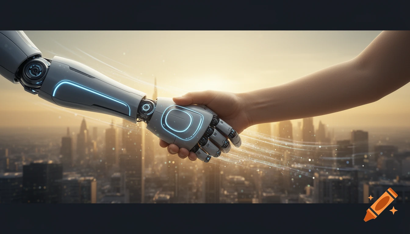 A human hand shakes a futuristic robotic hand with glowing blue accents above a blurred city skyline at sunset, symbolizing technological collaboration.