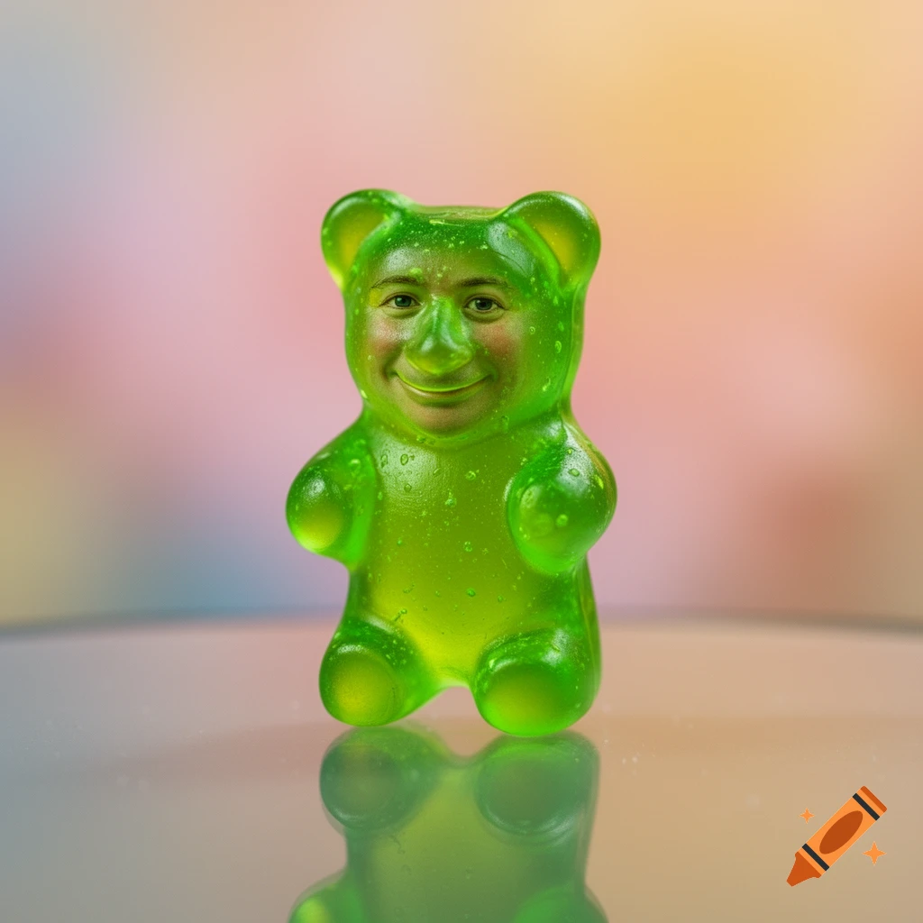 A photorealistic green gummy bear with a human face on a reflective surface against a soft, colorful background.
