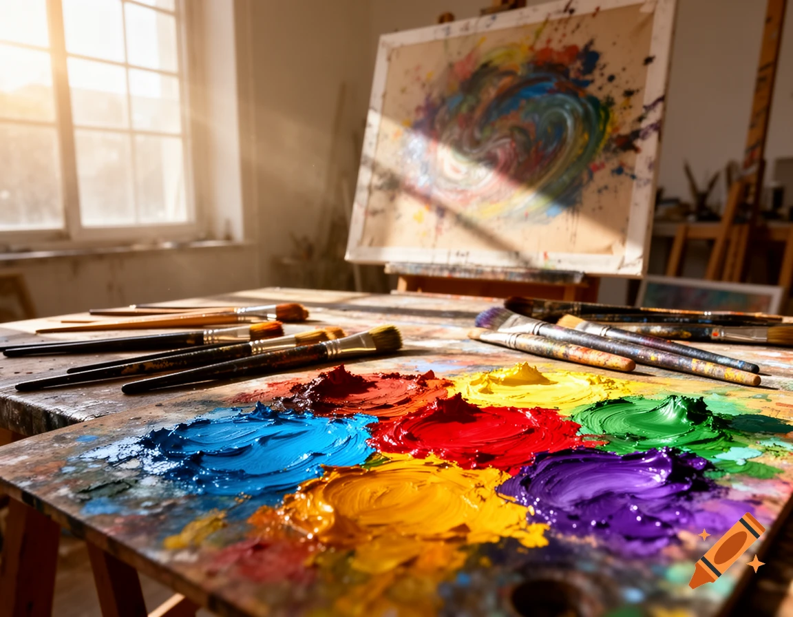 A close-up of an artist's wooden palette with vibrant paint blobs and various brushes, with an easel and a sunlit window in the background.