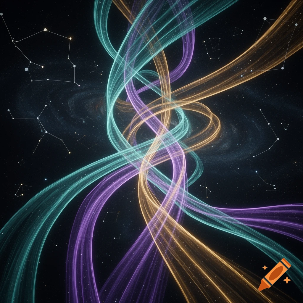 Glowing intertwining ribbons of teal, purple, and orange light against a dark starry sky with constellations.