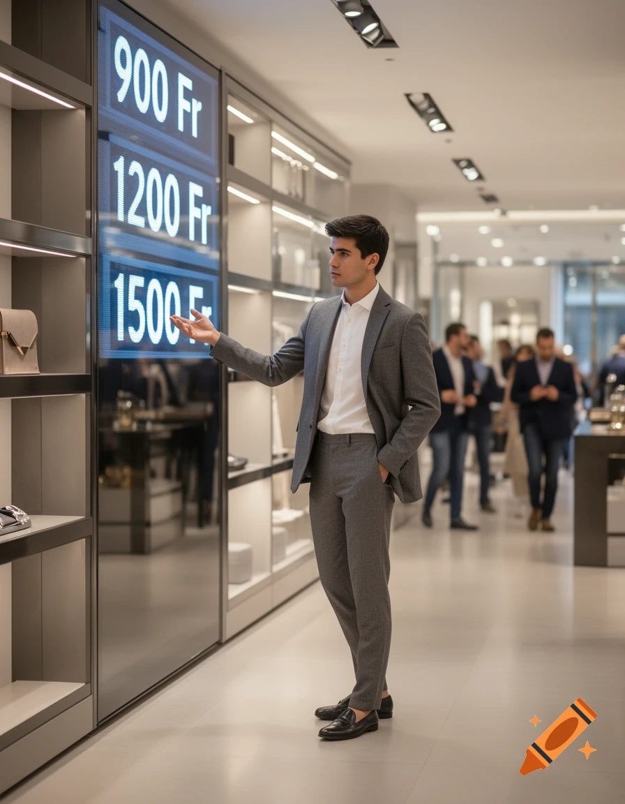 A man in a suit points at a digital display showing prices 900 Fr, 1200 Fr, 1500 Fr in a retail store.