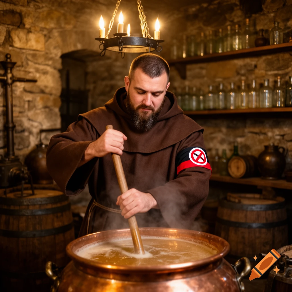 A bearded monk in a brown robe stirs a bubbling copper pot in a rustic, stone-walled brewery. He wears a red and black anti-fascist armband.