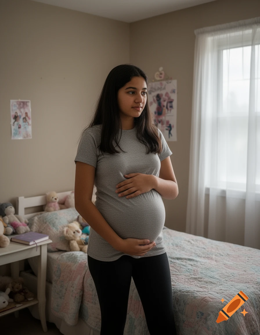 A young pregnant woman stands in a bedroom, holding her belly, with a bed and window in the background.