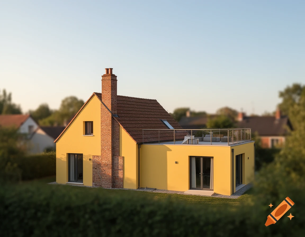 Modern yellow house with a brick chimney and roof terrace, set against a clear sky with blurred green foliage.
