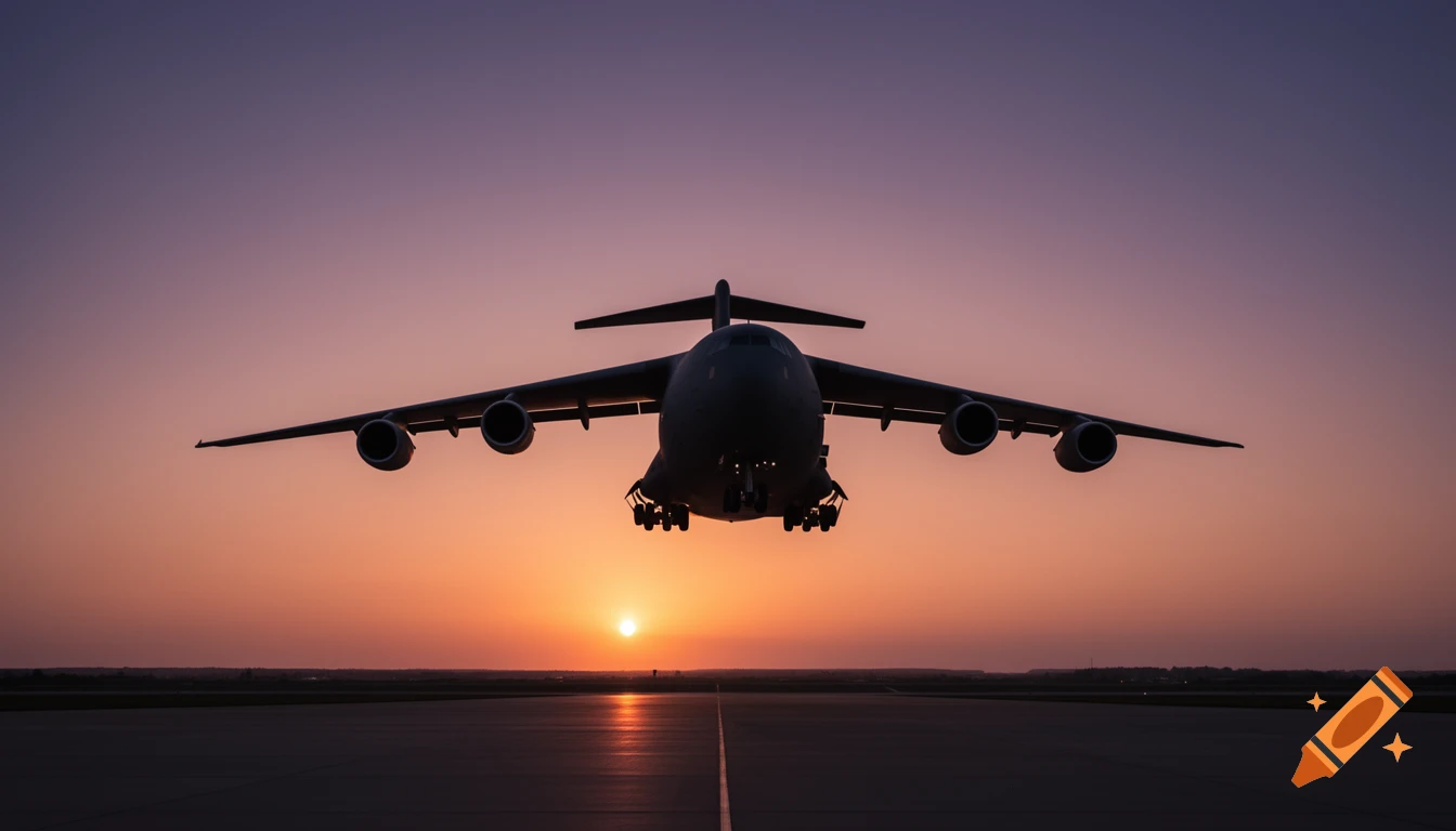 Silhouette of a large cargo plane, a C-5 Galaxy, ascending from a runway against a vibrant sunset sky.