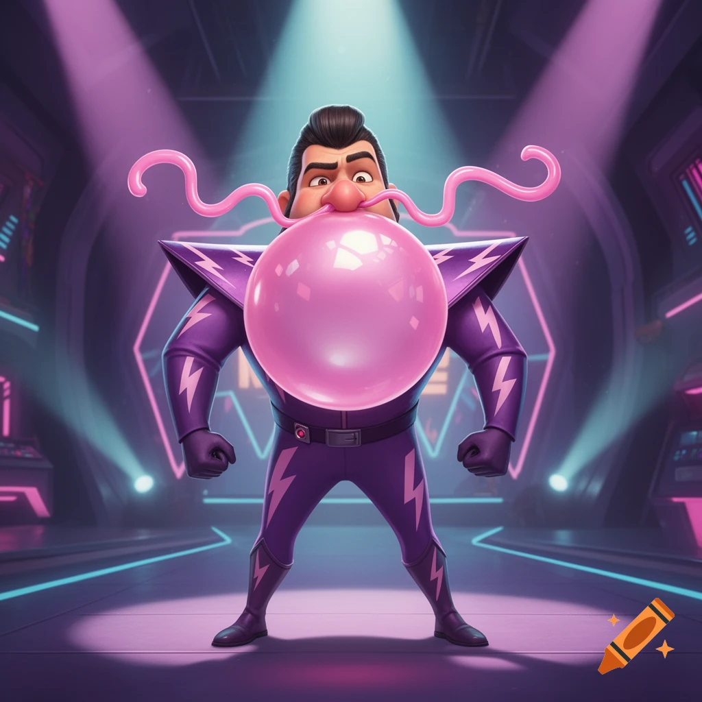 Cartoon villain Balthazar Bratt in a purple suit with lightning bolts, blowing a large pink bubblegum from his mouth and nose, on a glowing stage.