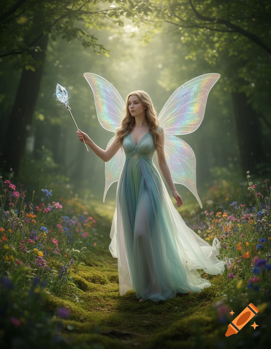 A beautiful fairy with iridescent wings and a glowing wand stands in a lush, sunlit forest among wildflowers.