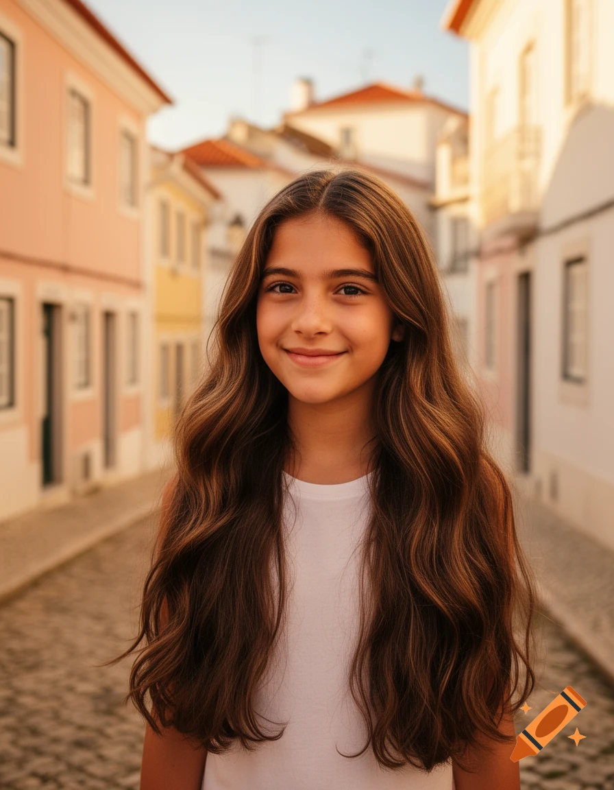 Photorealistic portrait of a smiling young girl with long wavy brown hair, standing on a cobblestone street with pastel buildings.