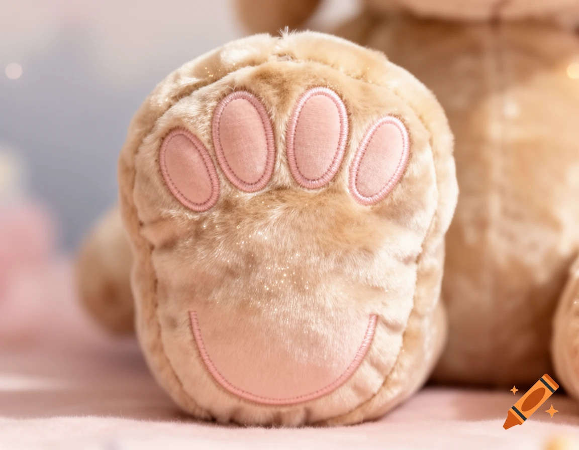 Close-up of a fluffy, light brown stuffed animal's paw with pink pads and a smiling mouth design on the sole, photorealistic.