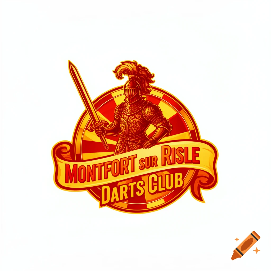 Vibrant logo with a knight holding a sword, a banner reading 'Montfort sur Risle Darts Club', against a red and yellow target.