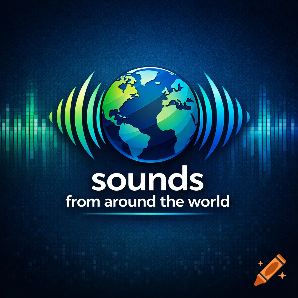 A logo featuring a stylized blue and green globe with sound waves on a dark background, with the text 'sounds from around the world'.